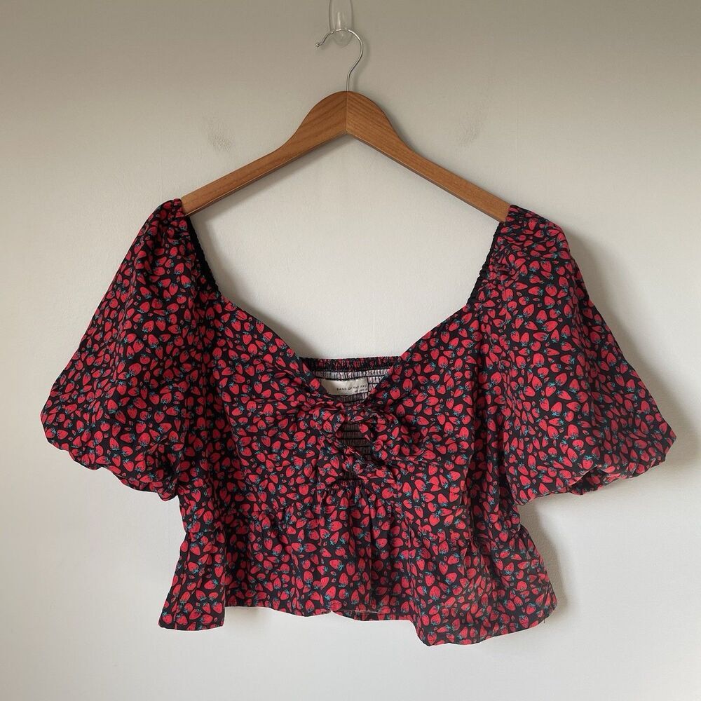 Band of the Free Boho Strawberry Print Crop Top Blouse Puff Sleeve Size XL